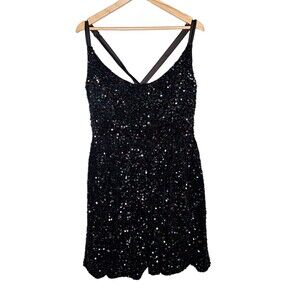 ARULA Sequin Mini Dress Size X Black Babydoll Fit Flare Party Cross Back Lined